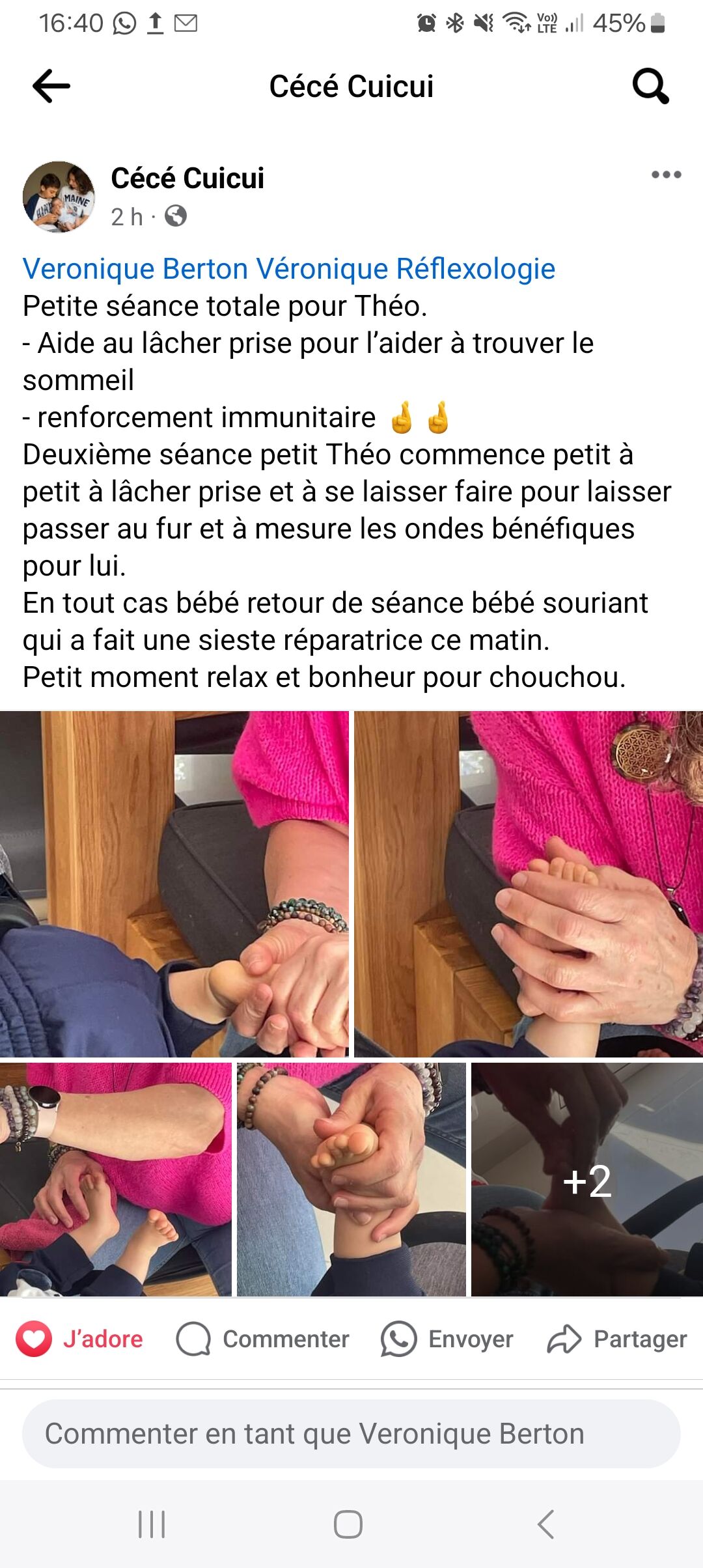 Avis client publié sur Facebook après une séance de réflexologie bébé
