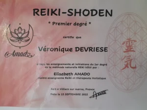 Certificat Reiki Shoden, premier degré, de Véronique
