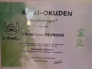 Certificat Reiki Okuden, deuxième degré, de Véronique