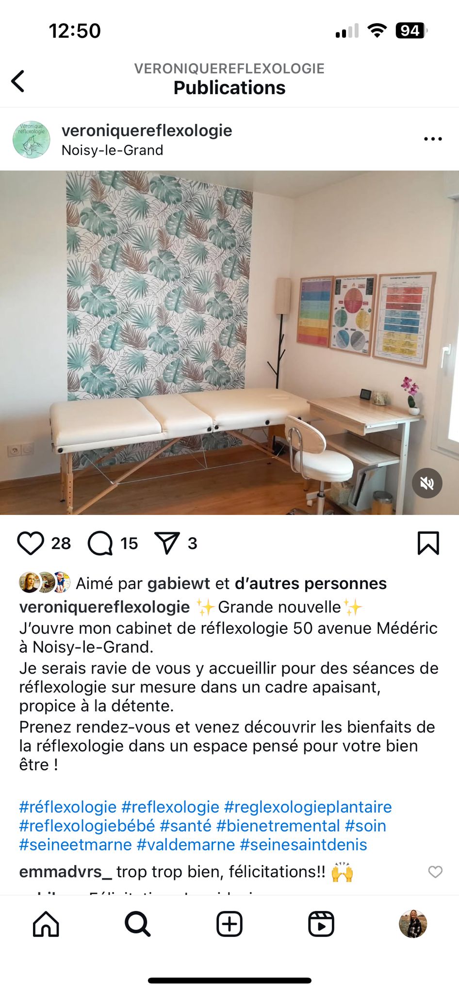 Publication Instagram : le cabinet de réflexologie à Pontault-Combault